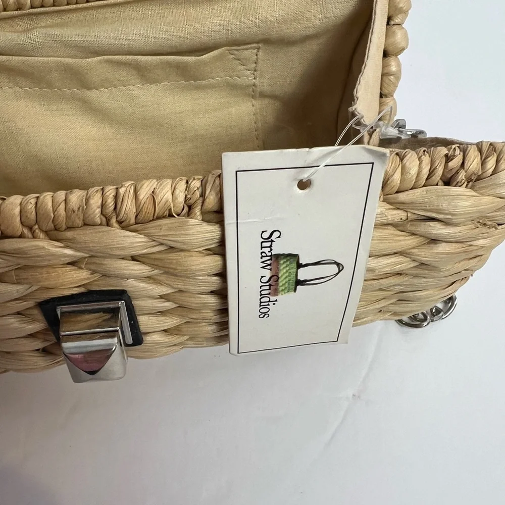 Straw studios weaved Ratan Shoulder Bag purse chain strap Pink , Tan , Navy NWT - Picture 6 of 10